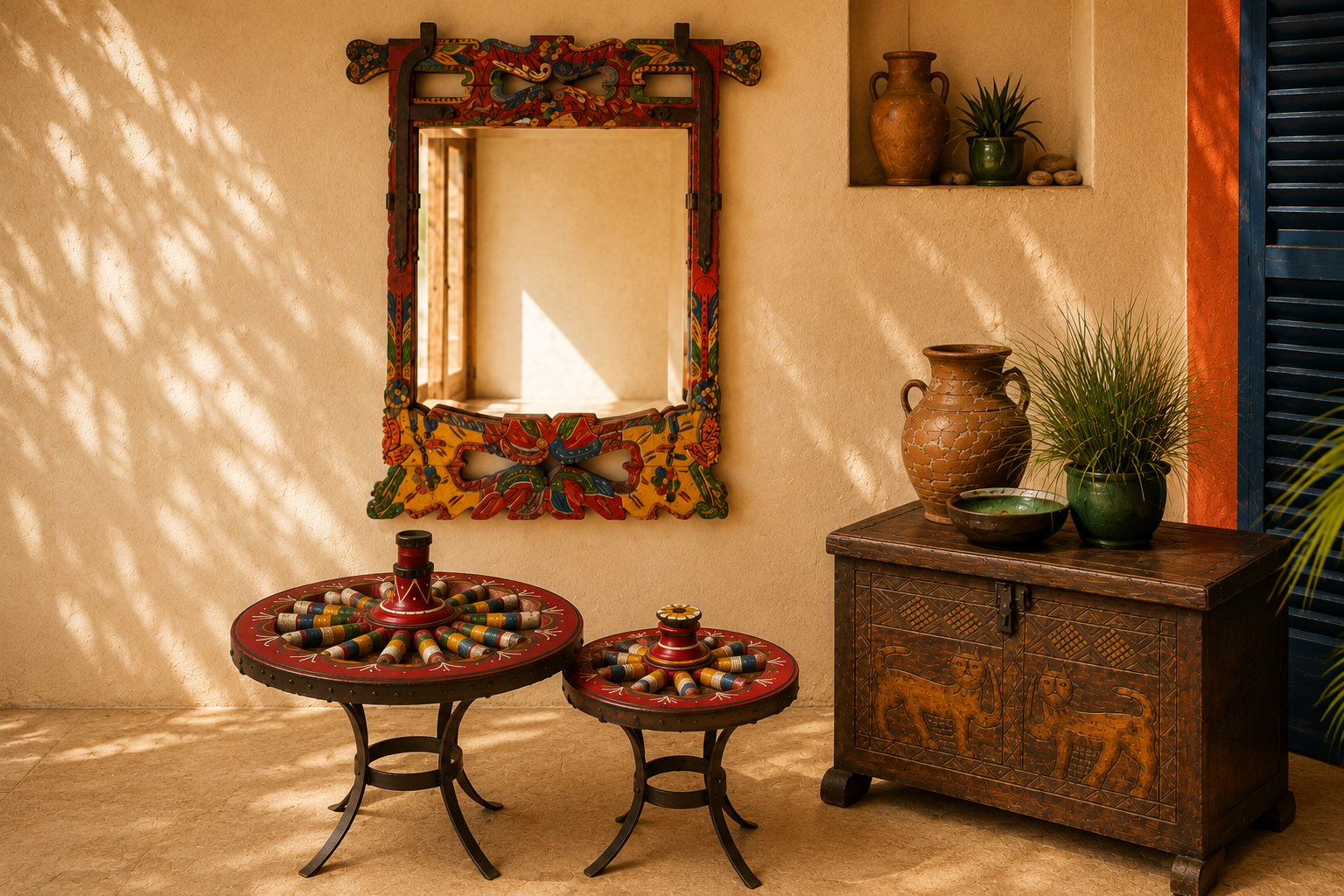 A warm sunlit interior with a hand-painted colorful mirror frame, traditional round tables and a carved wooden sandouk chest