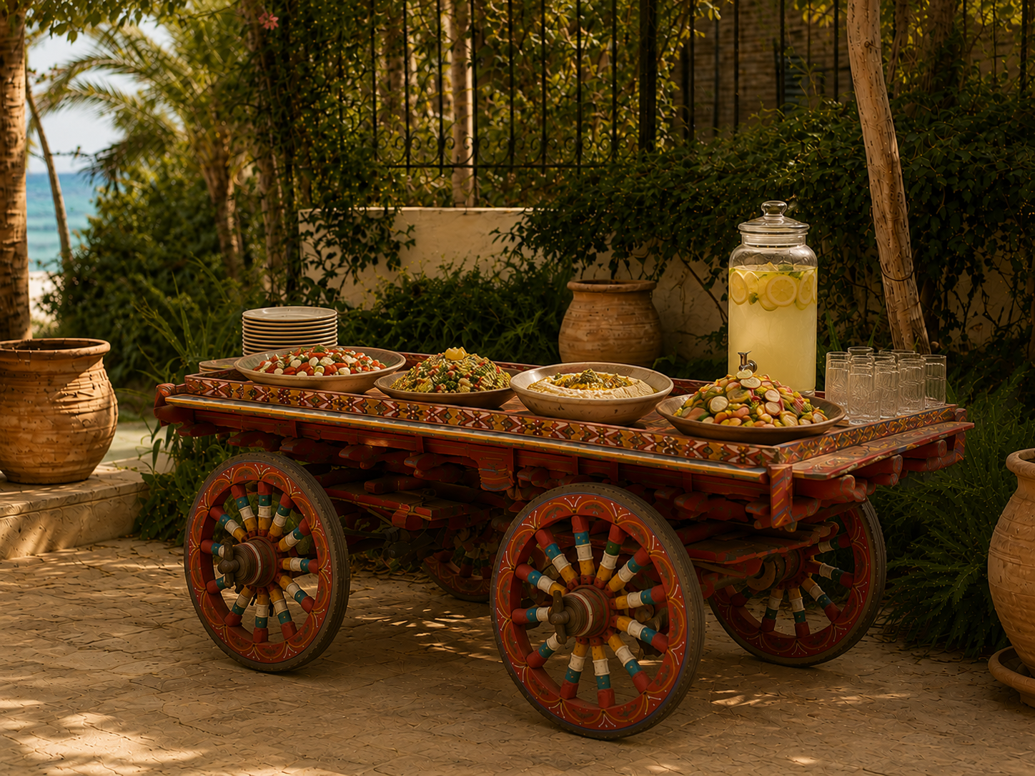 Colorful hand-painted Egyptian fruit cart restored as a food serving cart