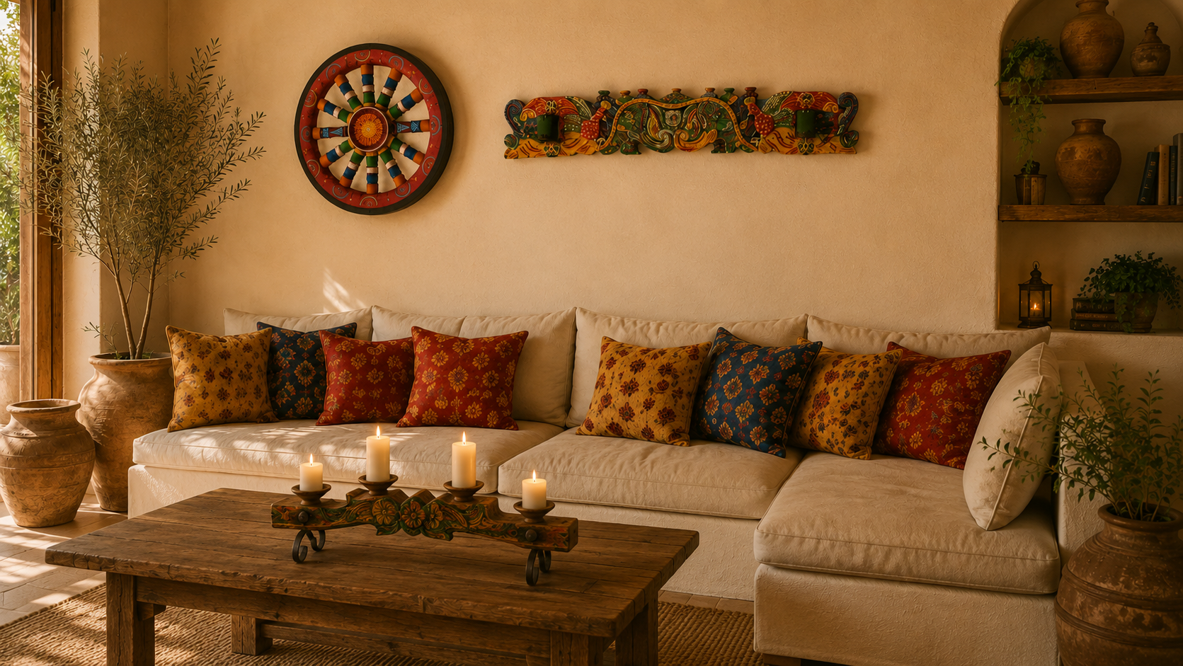 Hand-painted Egyptian decorative pieces and cushions in a warm, sunlit interior